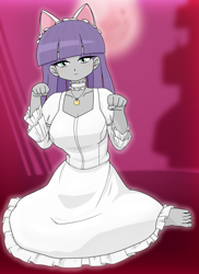Size: 1668x2290 | Tagged: safe, artist:batipin, imported from derpibooru, maud pie, human, equestria girls, barefoot, breasts, busty maud pie, cat ears, cat pose, choker, cleavage, clothes, cute, dress, feet, female, looking at you, missing shoes, moon phase, neko, solo, tsukuyomi