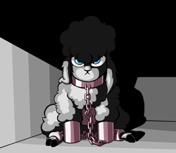 Size: 1548x1348 | Tagged: safe, artist:greatspacebeaver, imported from derpibooru, oc, oc:prey, lamb, sheep, fanfic:prey and a lamb, angry, cell, collar, dreverton, fanfic art, prison, prisoner, shackles