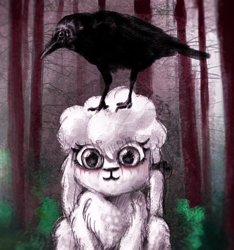 Size: 1666x1779 | Tagged: safe, artist:greatspacebeaver, imported from derpibooru, oc, oc:prey, bird, crow, lamb, sheep, fanfic:prey and a lamb, burn marks, fanfic art, forest, looking at you, ribbon, smiling