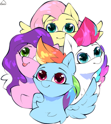 Size: 900x1000 | Tagged: safe, artist:glazirka, imported from derpibooru, fluttershy, pipp petals, rainbow dash, zipp storm, pegasus, pony, adorapipp, adorazipp, cute, dashabetes, female, g5, mare, shyabetes, silly, silly pony, simple background, tongue out, white background