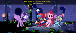 Size: 1000x436 | Tagged: safe, artist:jakeneutron, artist:rainbrony, imported from derpibooru, pinkie pie, twilight sparkle, alicorn, earth pony, human, pony, bandage, boyfriend, cap, castle of the royal pony sisters, clothes, crossover, error, female, friday night funkin', glitch, hair bun, hat, horn, male, mare, microphone, moon, night, pants, pibby, raised hoof, shirt, shocked, shoes, smiling, spread wings, text, twilight sparkle (alicorn), wings