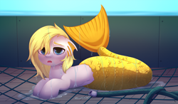 Size: 2800x1632 | Tagged: safe, alternate version, artist:dinoalpaka, imported from derpibooru, oc, oc only, oc:salmonia, merpony, belly button, female, fins, fishing boat, fishing net, gasping, hose, solo, tail, tail fin, wet, wet mane