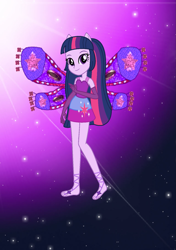 Size: 1099x1557 | Tagged: safe, artist:ketrin29, artist:magical-mama, artist:user15432, imported from derpibooru, twilight sparkle, alicorn, fairy, human, equestria girls, alternate hairstyle, barefoot, barely eqg related, base used, clothes, crossover, cutie mark on clothes, dress, enchantix, fairy wings, fairyized, feet, gloves, long gloves, looking at you, ponied up, purple background, purple dress, purple wings, simple background, solo, sparkly background, twilight sparkle (alicorn), wings, winx, winx club, winxified