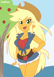 Size: 1280x1815 | Tagged: safe, artist:lirudraw, imported from derpibooru, applejack, human, equestria girls, applejack's hat, belly button, breasts, busty applejack, clothes, cowboy hat, eyebrows, eyebrows visible through hair, front knot midriff, hand on hip, hat, looking at you, midriff, open mouth, open smile, shorts, signature, smiling, smiling at you, solo