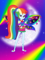 Size: 1100x1444 | Tagged: safe, artist:ketrin29, artist:magical-mama, artist:user15432, imported from derpibooru, rainbow dash, fairy, human, equestria girls, alternate hairstyle, barefoot, barely eqg related, base used, clothes, colored wings, crossover, cutie mark on clothes, dress, enchantix, fairy wings, fairyized, feet, gloves, gradient wings, hand on arm, long gloves, long hair, looking at you, moon, multicolored wings, night, ponied up, ponytail, rainbow, rainbow background, rainbow dress, rainbow wings, solo, sparkly background, stars, wings, winx, winx club, winxified