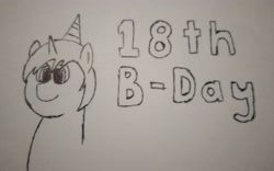 Size: 3636x2273 | Tagged: safe, artist:valuable ashes, imported from derpibooru, oc, oc:technical writings, pony, unicorn, birthday, hat, party hat, solo, traditional art