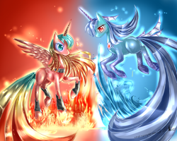 Size: 2000x1600 | Tagged: safe, artist:aquagalaxy, imported from derpibooru, oc, oc only, alicorn, pony, alicorn oc, duo, fire, horn, underwater, water, wings