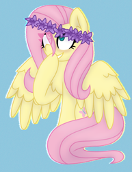 Size: 1251x1617 | Tagged: safe, artist:scarecrowkitty, imported from derpibooru, fluttershy, pegasus, pony, blue background, chromatic aberration, cute, eye clipping through hair, female, floral head wreath, flower, mare, shyabetes, simple background, sitting, smiling, solo, spread wings, wings