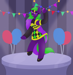 Size: 4384x4488 | Tagged: safe, artist:calibykitty, imported from derpibooru, oc, oc only, oc:masquerade, earth pony, pony, absurd resolution, balloon, bipedal, clothes, dancing, earth pony oc, eyebrows, female, grin, looking at you, mare, mask, multicolored hair, multicolored mane, party, scene, signature, smiling, smiling at you, solo, spotlight, standing, standing on one leg, standing on two hooves, streamers, table