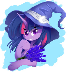 Size: 1280x1368 | Tagged: safe, artist:natanvok, imported from derpibooru, twilight sparkle, pony, female, flower, hat, lavender, mare, smiling, solo, witch hat