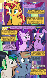 Size: 1920x3168 | Tagged: safe, artist:alexdti, imported from derpibooru, starlight glimmer, sunset shimmer, twilight sparkle, oc, oc:brainstorm (alexdti), oc:star logic, alicorn, pony, unicorn, comic:quest for friendship, equestria girls, comic, dialogue, ears back, female, high res, horn, male, mare, open mouth, raised eyebrow, raised hoof, speech bubble, stallion, twilight sparkle (alicorn), two toned mane, underhoof, unicorn oc