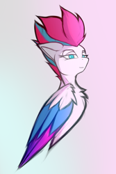 Size: 1400x2100 | Tagged: safe, artist:xeniusfms, imported from derpibooru, zipp storm, pegasus, pony, bust, colored wings, female, folded wings, g5, gradient background, mare, multicolored wings, sketch, smiling, solo, wings