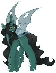 Size: 2024x2628 | Tagged: safe, artist:calibykitty, imported from derpibooru, oc, oc:queen z, alicorn, changeling, changeling queen, pony, black hair, black mane, black tail, changeling wings, curly hair, curly mane, curly tail, curved horn, female, frown, horn, judging, long hair, long mane, long tail, looking at you, looking down, looking down at you, multicolored eyes, raised eyebrow, sharp teeth, simple background, solo, tail, teeth, transparent background, transparent wings, walking, wings