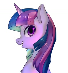 Size: 1400x1489 | Tagged: safe, artist:hosikawa, imported from derpibooru, twilight sparkle, pony, bust, female, horn, looking at you, mare, open mouth, open smile, portrait, profile, simple background, smiling, smiling at you, solo, white background