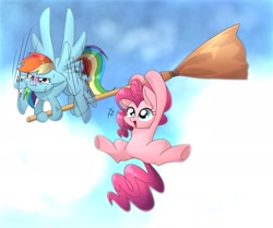 Size: 2006x1678 | Tagged: safe, artist:namaenonaipony, imported from derpibooru, pinkie pie, rainbow dash, earth pony, pegasus, pony, broom, cloud, cross-popping veins, duo, duo female, female, flapping, floppy ears, flying, hoof hold, mare, open mouth, open smile, sky, smiling, spread wings, sweat, underhoof, wings