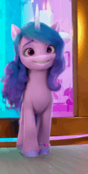 Size: 320x630 | Tagged: safe, edit, edited screencap, imported from derpibooru, screencap, izzy moonbow, pony, unicorn, spoiler:my little pony: make your mark, animated, bracelet, cropped, cute, female, friendship bracelet, g5, gif, izzybetes, jewelry, mare, my little pony: make your mark, my little pony: make your mark chapter 1, reversed, solo
