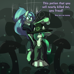 Size: 1860x1860 | Tagged: safe, artist:triplesevens, imported from derpibooru, oc, oc only, oc:coven, earth pony, pony, dialogue, duo, face paint, falling, hat, male, mushroom, potion, unshorn fetlocks, witch hat