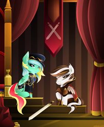 Size: 2970x3646 | Tagged: safe, artist:andaluce, imported from derpibooru, oc, oc only, oc:choco blanc, oc:typh, bat pony, pegasus, pony, clothes, lineless, sword, uniform, weapon