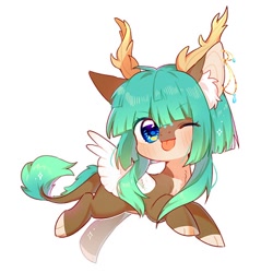 Size: 410x410 | Tagged: safe, artist:dreamsugar, imported from derpibooru, oc, oc only, deer, pegasus, pony, reindeer, chibi, commission, eye clipping through hair, leonine tail, looking at you, one eye closed, simple background, tail, tongue out, white background, wings
