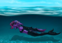 Size: 1180x820 | Tagged: safe, artist:stirren, imported from derpibooru, oc, oc:violet rose ze vampony, anthro, mermaid, bondage, commission, diving, encasement, female, fish tail, latex, mermaid tail, solo, swimming, tail, underwater, water, ych result