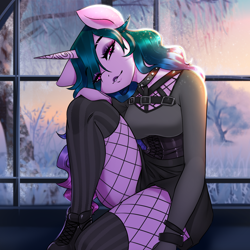 Size: 2000x2000 | Tagged: safe, artist:kennzeichen, imported from derpibooru, izzy moonbow, anthro, unicorn, black lipstick, boots, clothes, eyeshadow, female, fishnets, g5, goth, goth izzy, lipstick, makeup, shoes, socks, solo, thigh highs, window