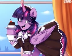 Size: 2250x1750 | Tagged: safe, artist:shadowreindeer, imported from derpibooru, twilight sparkle, alicorn, pony, cake, clothes, dress, eye clipping through hair, female, folded wings, food, glowing, glowing horn, horn, maid, maidlight sparkle, mare, open mouth, open smile, smiling, solo, twilight sparkle (alicorn), wings