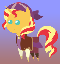 Size: 4492x4800 | Tagged: safe, artist:egor418, imported from derpibooru, sunset shimmer, pony, unicorn, equestria girls, absurd resolution, beady eyes, blue background, brown background, clothes, female, gradient background, hat, horn, lineless, mare, pirate, pointy ponies, simple background, smiling, solo