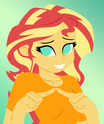 Size: 1818x2169 | Tagged: safe, artist:egor418, imported from derpibooru, sunset shimmer, human, equestria girls, breasts, bust, busty sunset shimmer, clothes, female, gradient background, green background, lineless, looking at you, no pupils, reasonably sized breasts, simple background, smiling, smiling at you, solo