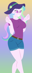 Size: 2327x5257 | Tagged: safe, artist:egor418, imported from derpibooru, princess celestia, human, equestria girls, equestria girls series, spoiler:eqg series (season 2), belt, big breasts, breasts, busty princess celestia, clothes, female, gradient background, green background, happy, hat, high res, lineless, music festival outfit, no pupils, principal celestia, purple background, simple background, smiling, solo, yellow background