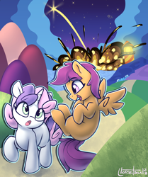 Size: 1130x1352 | Tagged: safe, artist:llametsul, imported from derpibooru, scootaloo, sweetie belle, trixie, pegasus, pony, unicorn, atg 2022, cloud, duo, explosion, female, filly, flying, foal, looking at each other, looking at someone, newbie artist training grounds, path, scootaloo can fly, signature, sleeping, smiling, stars, talking, walking