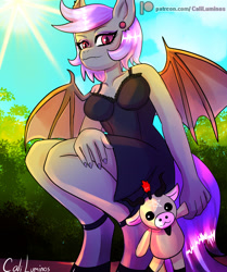 Size: 2000x2389 | Tagged: safe, artist:cali luminos, imported from derpibooru, oc, oc only, anthro, bat pony, clothes, crouching, doll, female, shoes, solo, toy