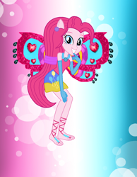 Size: 1098x1412 | Tagged: safe, artist:ketrin29, artist:magical-mama, artist:user15432, imported from derpibooru, pinkie pie, fairy, human, equestria girls, alternate hairstyle, barefoot, barely eqg related, base used, blue background, clothes, crossover, cutie mark on clothes, dress, ear piercing, earring, enchantix, fairy wings, fairyized, feet, finger to mouth pose, gloves, gradient background, hand on knee, hand on leg, jewelry, long gloves, long hair, looking at you, piercing, pink background, pink dress, pink wings, ponied up, simple background, smiling, solo, sparkly background, wings, winx, winx club, winxified