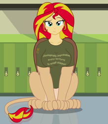 Size: 1980x2262 | Tagged: safe, artist:badumsquish, derpibooru exclusive, imported from derpibooru, sunset shimmer, monster girl, sphinx, equestria girls, breasts, busty sunset shimmer, clothes, female, folded wings, lidded eyes, lockers, looking at you, meme, raised eyebrow, school, shirt, sitting, smiling, smirk, smug, solo, species swap, t-shirt, the lion of gripsholm, wings