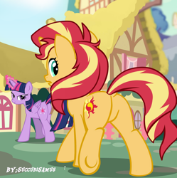 Size: 1250x1257 | Tagged: safe, artist:succubi samus, edit, editor:gmaplay, imported from derpibooru, sunset shimmer, twilight sparkle, alicorn, pony, unicorn, equestria girls, bacon hair, bedroom eyes, bunset shimmer, butt, cute, duo, duo female, featureless crotch, female, glowing, horn, house, lesbian, looking back, magic, mare, plot, ponyville, raised hoof, shipping, show accurate, sign, sunset shimmer day, sunsetsparkle, surprised, teasing, twilight sparkle (alicorn)