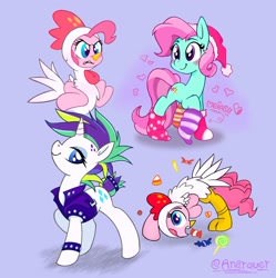 Size: 1890x1897 | Tagged: safe, artist:anarquer, imported from derpibooru, minty, pinkie pie, rarity, earth pony, pony, unicorn, alternate hairstyle, animal costume, candy, chicken pie, chicken suit, christmas, clothes, costume, food, g3, g4, hat, heart, holiday, punk, raripunk, santa hat, socks
