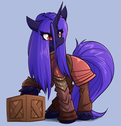 Size: 2416x2520 | Tagged: safe, artist:witchtaunter, imported from derpibooru, oc, pony, unicorn, armor, commission, crate, ear fluff, female, simple background, solo, standing