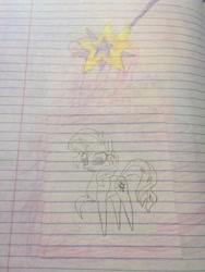 Size: 2448x3264 | Tagged: safe, artist:dupontsimon, artist:orin331, imported from derpibooru, sunset shimmer, fanfic:magic show of friendship, equestria girls, fanfic art, haycartes' method, lined paper, magic wand, paper pony, traditional art