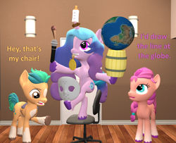 Size: 1326x1078 | Tagged: safe, artist:red4567, imported from derpibooru, hitch trailblazer, izzy moonbow, sunny starscout, earth pony, pony, unicorn, 3d, atg 2022, baby bottle, balancing, barrel, blaze (coat marking), chair, coat markings, dialogue, donut, facial markings, female, food, g4, g5, g5 to g4, generation leap, globe, hockey mask, ice cream cone, male, mare, mask, microphone, newbie artist training grounds, office chair, socks (coat markings), source filmmaker, stallion, trio