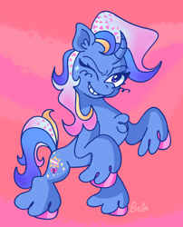 Size: 1634x2018 | Tagged: safe, artist:toolar0ola, imported from derpibooru, trixie, alternate cutie mark, chest fluff, curved horn, horn, one eye closed, smiling, unshorn fetlocks, wink