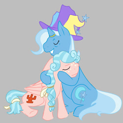 Size: 1378x1378 | Tagged: safe, artist:transpool, imported from derpibooru, cozy glow, trixie, pegasus, pony, unicorn, a better ending for cozy, adopted offspring, cozybetes, cozylove, cute, diatrixes, eyes closed, happy, headcanon, horn, horn ring, hug, ring, smiling