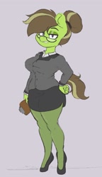 Size: 827x1437 | Tagged: safe, artist:somefrigginnerd, imported from derpibooru, oc, oc only, oc:honeydew, anthro, earth pony, unguligrade anthro, big breasts, breasts, business suit, businessmare, busty oc, clipboard, clothes, eyeshadow, female, glasses, hair bun, lidded eyes, makeup, office lady, skirt, solo