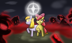 Size: 1182x708 | Tagged: safe, artist:scootieloo, imported from derpibooru, apple bloom, oc, oc:ruby (story of the blanks), earth pony, pony, story of the blanks, female, filly, foal