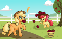 Size: 1311x830 | Tagged: safe, artist:scootieloo, imported from derpibooru, apple bloom, applejack, earth pony, pony, apple, apple sisters, apple tree, bucket, duo, duo female, exclamation point, female, fence, filly, foal, food, herbivore, mare, mouth hold, open mouth, open smile, siblings, sisters, smiling, tree, waving