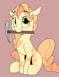 Size: 1574x2030 | Tagged: safe, artist:luxsimx, imported from derpibooru, oc, oc only, oc:shortround, earth pony, pony, brown background, earth pony oc, female, looking at you, mare, mouth hold, pickaxe, simple background, sitting, smiling, smiling at you, solo