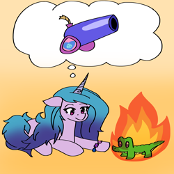 Size: 2000x2000 | Tagged: safe, artist:artevi, imported from derpibooru, gummy, izzy moonbow, alligator, pony, unicorn, atg 2022, bracelet, cannon, female, fire, friendship bracelet, g4, g5, hilarious in hindsight, jewelry, male, mare, newbie artist training grounds, on fire, party cannon, this is fine, thought bubble
