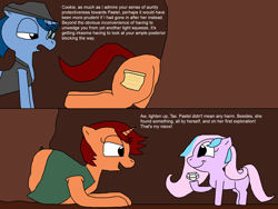 Size: 2000x1500 | Tagged: safe, artist:blazewing, imported from derpibooru, oc, oc only, oc:pastel macaroon, oc:syntax, oc:tough cookie, earth pony, pony, unicorn, 2 panel comic, atg 2022, aunt and niece, belly, cave, chubby, clothes, comic, diamond, drawpile, fat, fedora, female, filly, foal, freckles, glasses, hat, hole, male, mare, newbie artist training grounds, smiling, stallion, stuck, text, unamused, vest