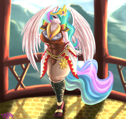 Size: 5276x5000 | Tagged: safe, alternate version, artist:derpx1, imported from derpibooru, princess celestia, alicorn, anthro, bird, rito, absurd resolution, bedroom eyes, breasts, busty princess celestia, clothes, eyebrows, female, high heels, looking at you, partially open wings, shoes, signature, solo, the legend of zelda, the legend of zelda: breath of the wild, thicc thighs, thighs, thunder thighs, wings