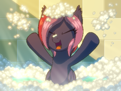 Size: 800x600 | Tagged: safe, artist:rangelost, imported from derpibooru, oc, oc only, oc:moonflower, bat pony, pony, cyoa:d20 pony, bat pony oc, bath, bubble, bubble bath, cyoa, eyes closed, pixel art, solo, story included