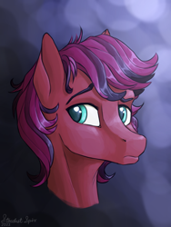 Size: 1800x2400 | Tagged: safe, artist:stardustspix, imported from derpibooru, oc, oc only, oc:cherry (fotw), earth pony, pony, abstract background, bust, looking sideways, looking to the left, male, portrait, raised eyebrows, red coat, stallion, sternocleidomastoid