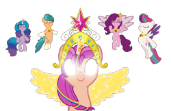 Size: 1136x737 | Tagged: safe, artist:craftycitty, artist:loladreamteam, artist:pastelravenwolf, artist:rainbowlishandjela, imported from derpibooru, hitch trailblazer, izzy moonbow, pipp petals, sunny starscout, zipp storm, alicorn, earth pony, pegasus, pony, unicorn, friendship is magic, big crown thingy, colored wings, element of generosity, element of honesty, element of laughter, element of loyalty, element of magic, elements of harmony, eyes closed, female, g4, g5, g5 to g4, generation leap, glowing, glowing eyes, group, jewelry, male, mane five (g5), mare, multicolored wings, my little pony: a new generation, quintet, race swap, regalia, simple background, smiling, spread wings, stallion, sunnycorn, the elements in action, transparent background, wings